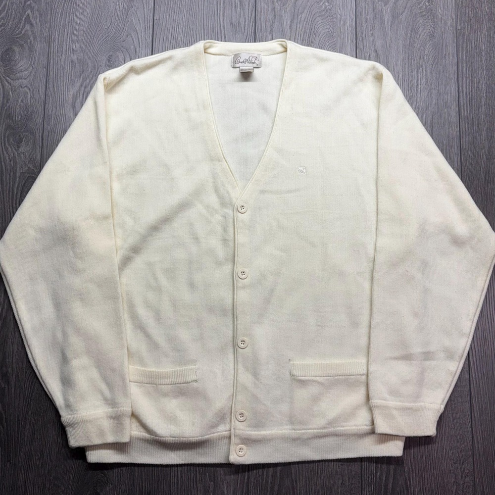 Vintage Arnold Palmer 1990s Cardigan XL Brown Ivory Tan Knit Sweater Acrylic